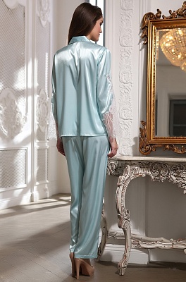 Шёлковая пижама жакет с брюками ажуром CHANTAL 3196 мятный Mia-Amore