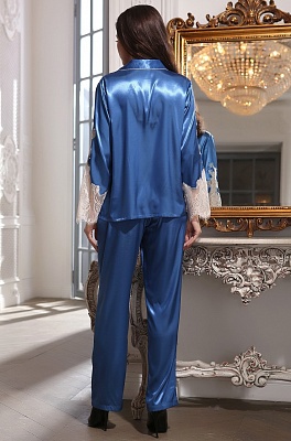 Шёлковая пижама жакет с брюками ажуром CHANTAL 3196 синий Mia-Amore