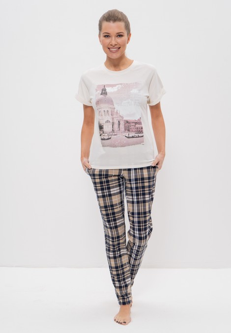 Пижама женская футболка с брюками Cleo 1123 молочный/клетка