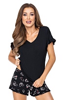 Пижама женская вискозная с футболкой и узорными шортами чёрная MIKA Donna