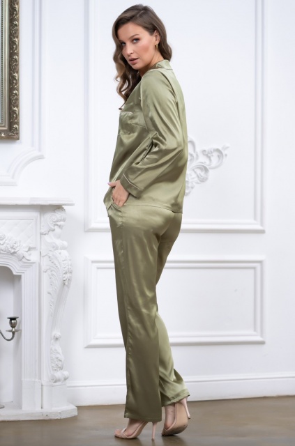 Пижама женская атласная жакет с брюками Джулия JULIA 8736 оливковый Mia-Amore