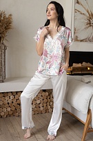 Шёлковая пижама цветной топ с однотонными брюками София 5936 Mia-Amore