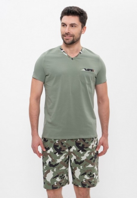 Хлопковая пижама мужская футболка с шортами хаки 976 CLEO