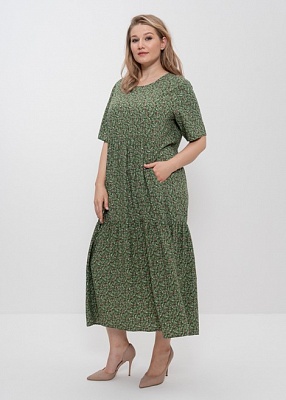 Платье женское длинное летнее из штапеля 1231 зелёный/цветы Cleo
