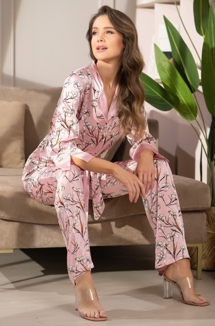 Пижама женская жакет с брюками атласная Флора FLORA 7206 розовый Mia-Amore