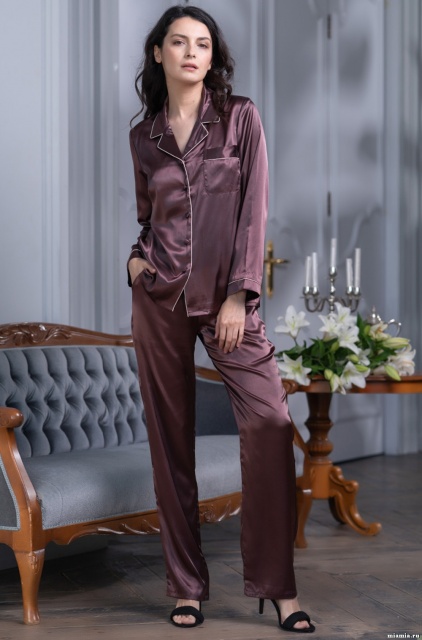 Пижама женская топ брюки рубашка однотонная Джулия шоколад 8735 Mia-Amore