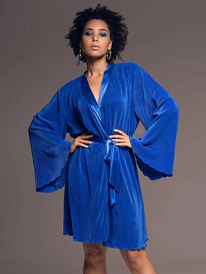 Элегантный халат короткий плиссе с широким рукавом синий Рокси 7373 Mia-Amore