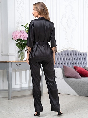 Шёлковая пижама женская жакет и брюки чёрная AMANDA Аманда 3636 Mia-Amore