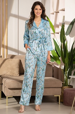 Пижама женская жакет с брюками атласная Флора FLORA 7206 голубой Mia-Amore