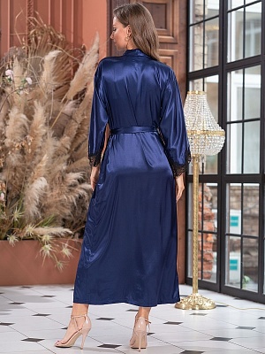 Шёлковый халат длинный запашной с кружевом ИЗАБЕЛЛА 3189 синий Mia-Amore