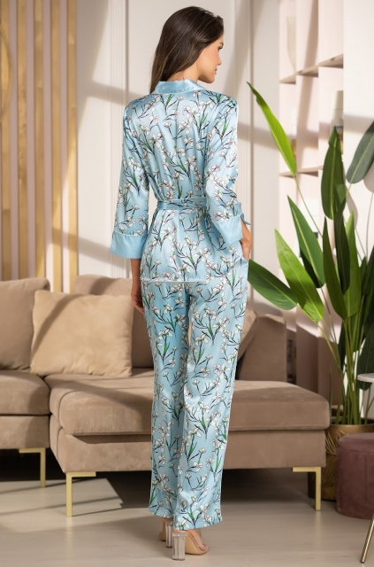 Пижама женская жакет с брюками атласная Флора FLORA 7206 голубой Mia-Amore