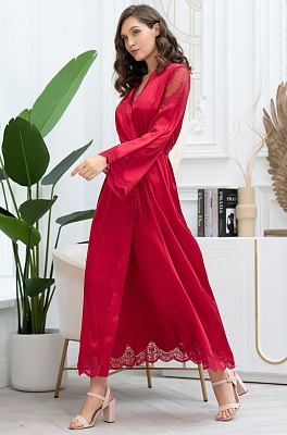 Шёлковый длинный халат красный с широкими рукавами Аурелия 3899 Mia-Amore