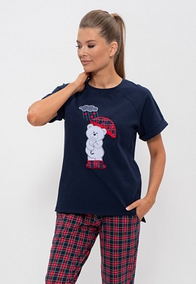 Пижама женская футболка с брюками хлопок 1157 синий/мишка Cleo