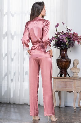 Шёлковая пижама жакет на пуговицах брюки Мэрилин Делюкс 3546 роза Mia-Amore
