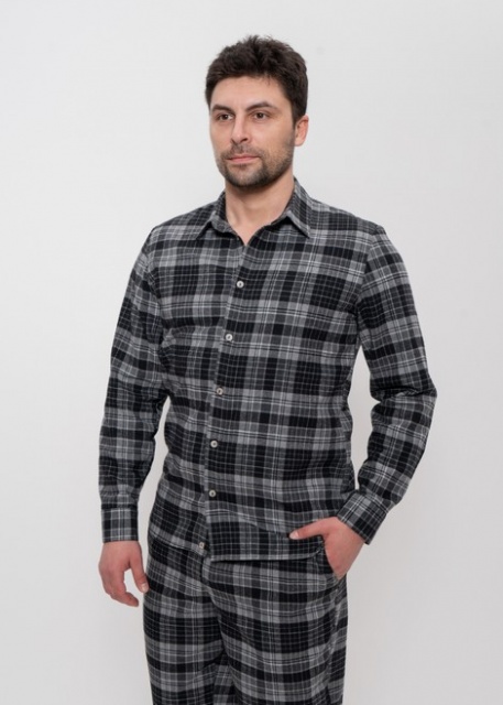 Тёплая пижама мужская фланель рубашка с брюками 1510 серый Cleo