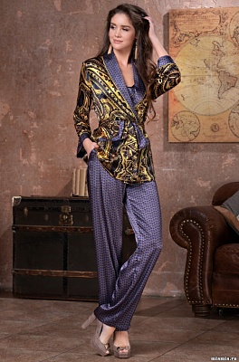 Шёлковая пижама-тройка женская жакет топ брюки Армани Голд 3496 Mia-Amore